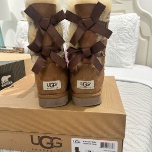 UGG Chestnut Sheepskin Bailey Bow Boots with Dark Bows
